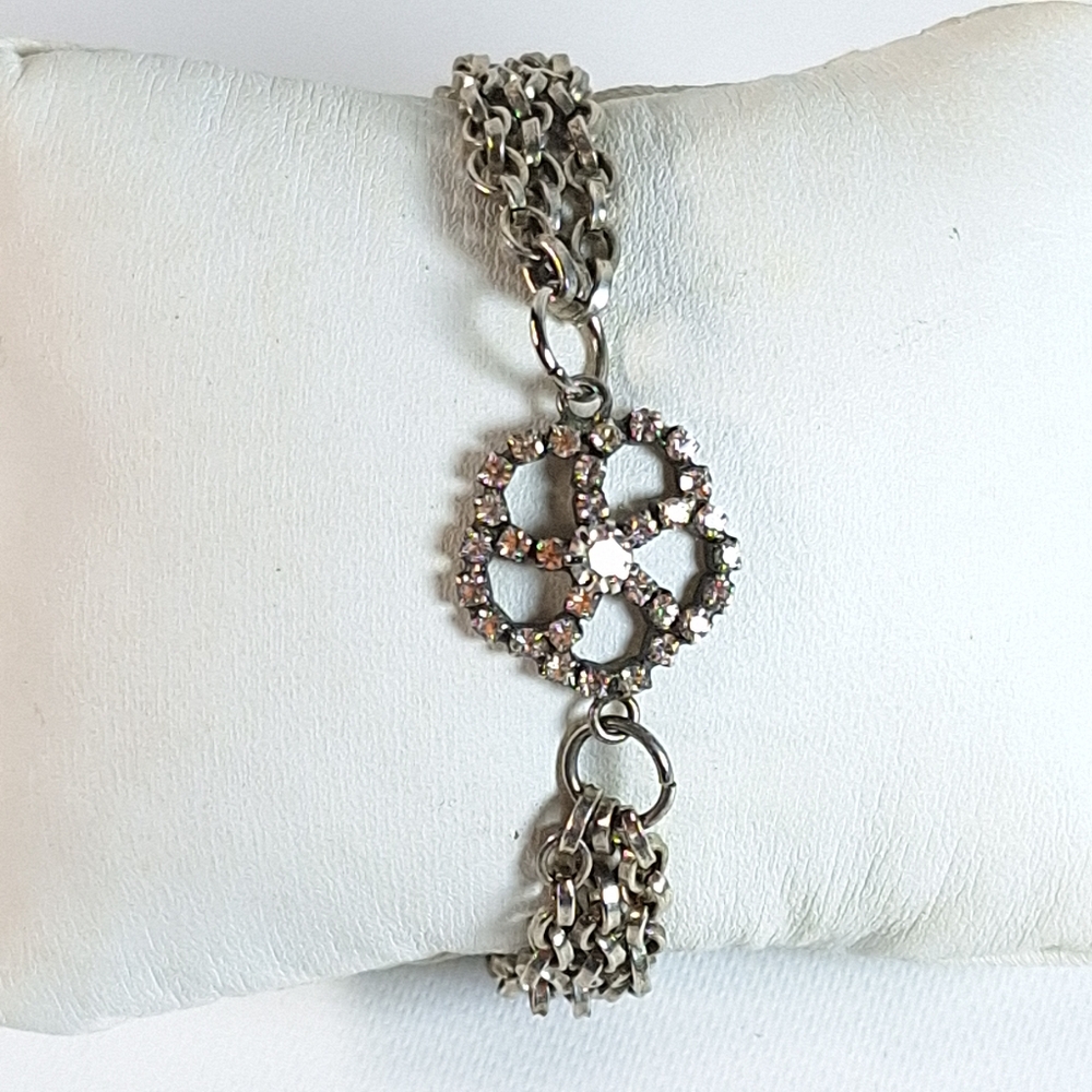 Floral Rhinestone Silver Tone Chain Bracelet
